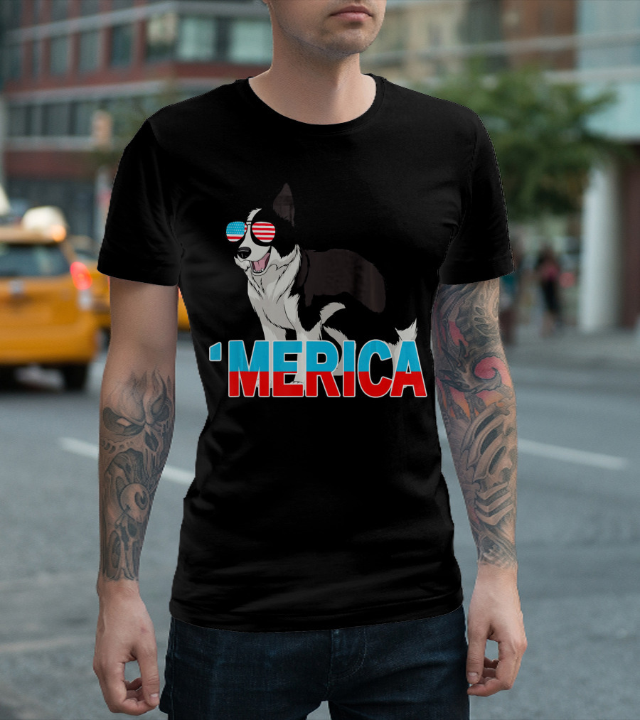 'Merica Border Collie USA Flag Sunglasses T-Shirt