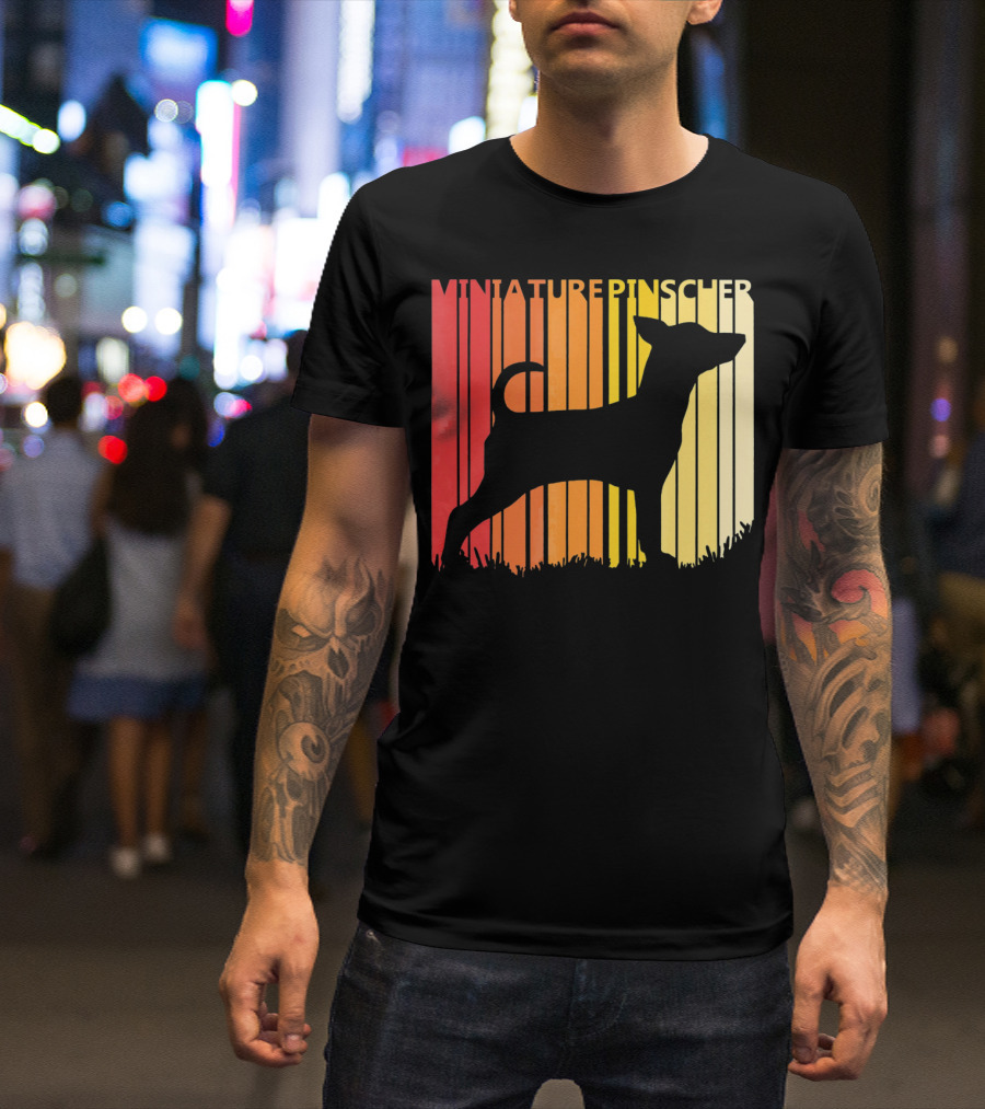 Miniature Pinscher Retro Dog Silhouette Striped Sunset T-Shirt