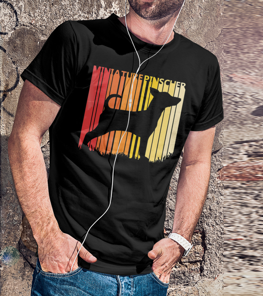 Miniature Pinscher Retro Dog Silhouette Striped Sunset T-Shirt