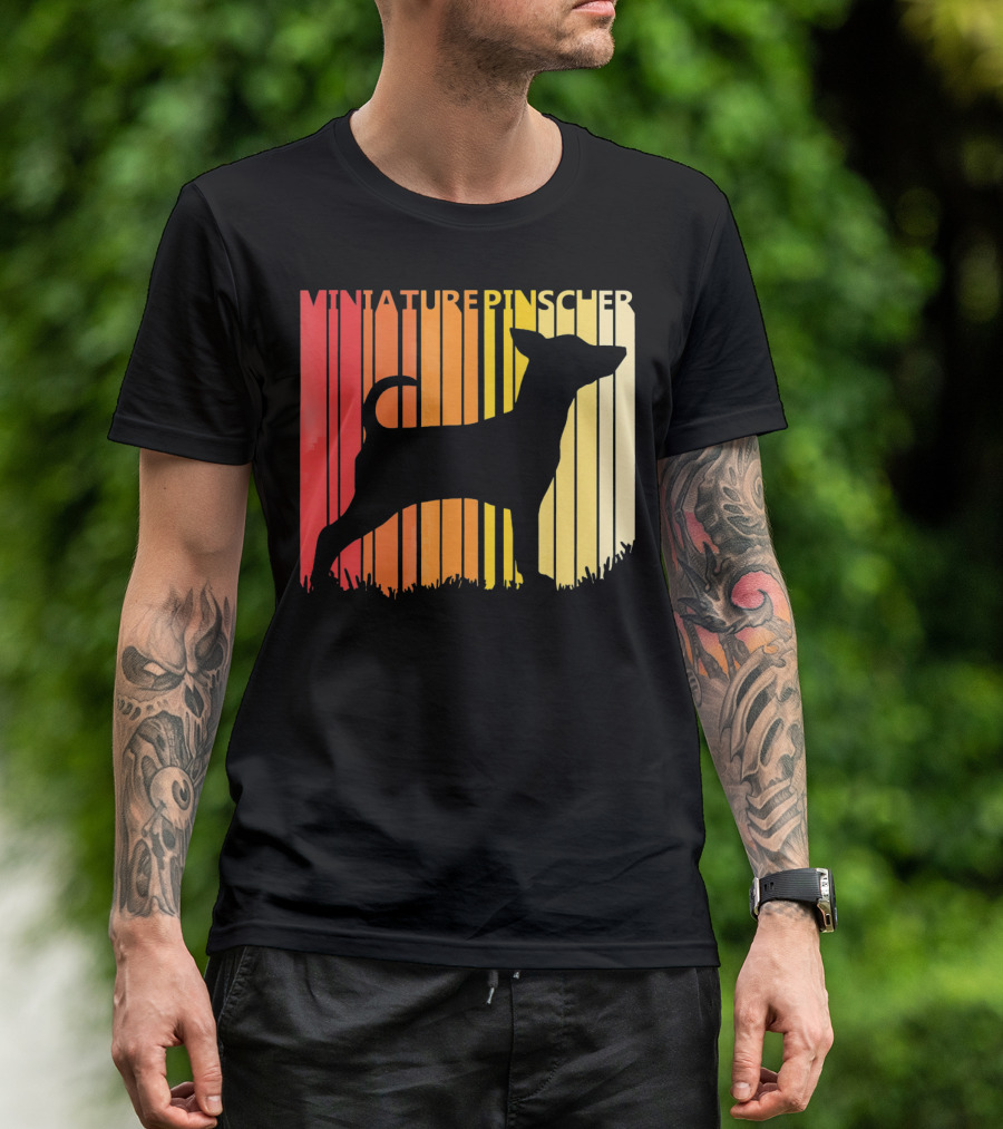 Miniature Pinscher Retro Dog Silhouette Striped Sunset T-Shirt