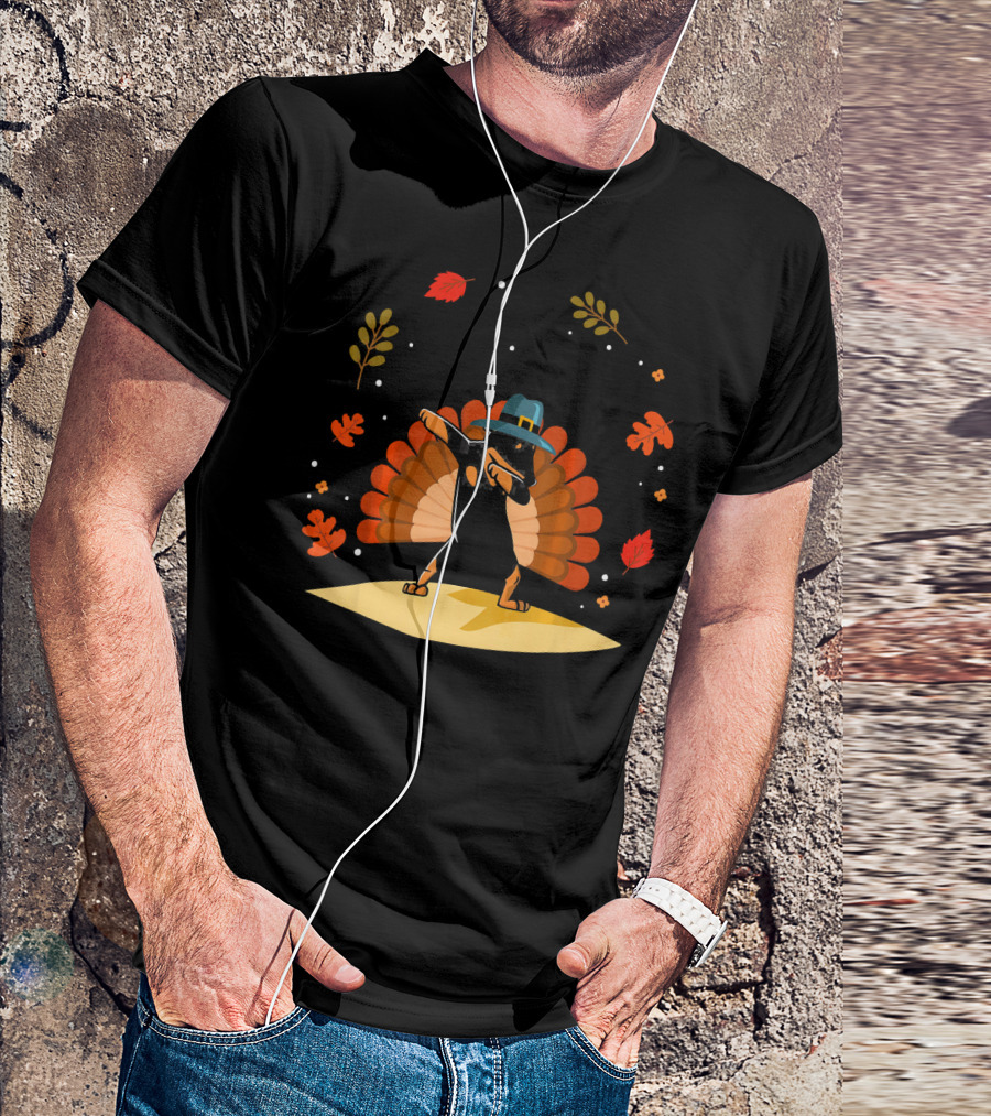 Miniature Pinscher Dog Dabbing Funny Thanksgiving Turkey Leaves Hat T-Shirt