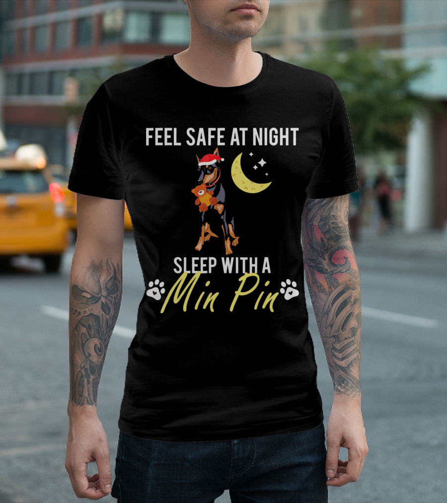 Feel Safe At Night Sleep With A Min Pin Crescent Moon Santa Hat Dog Paws T-Shirt