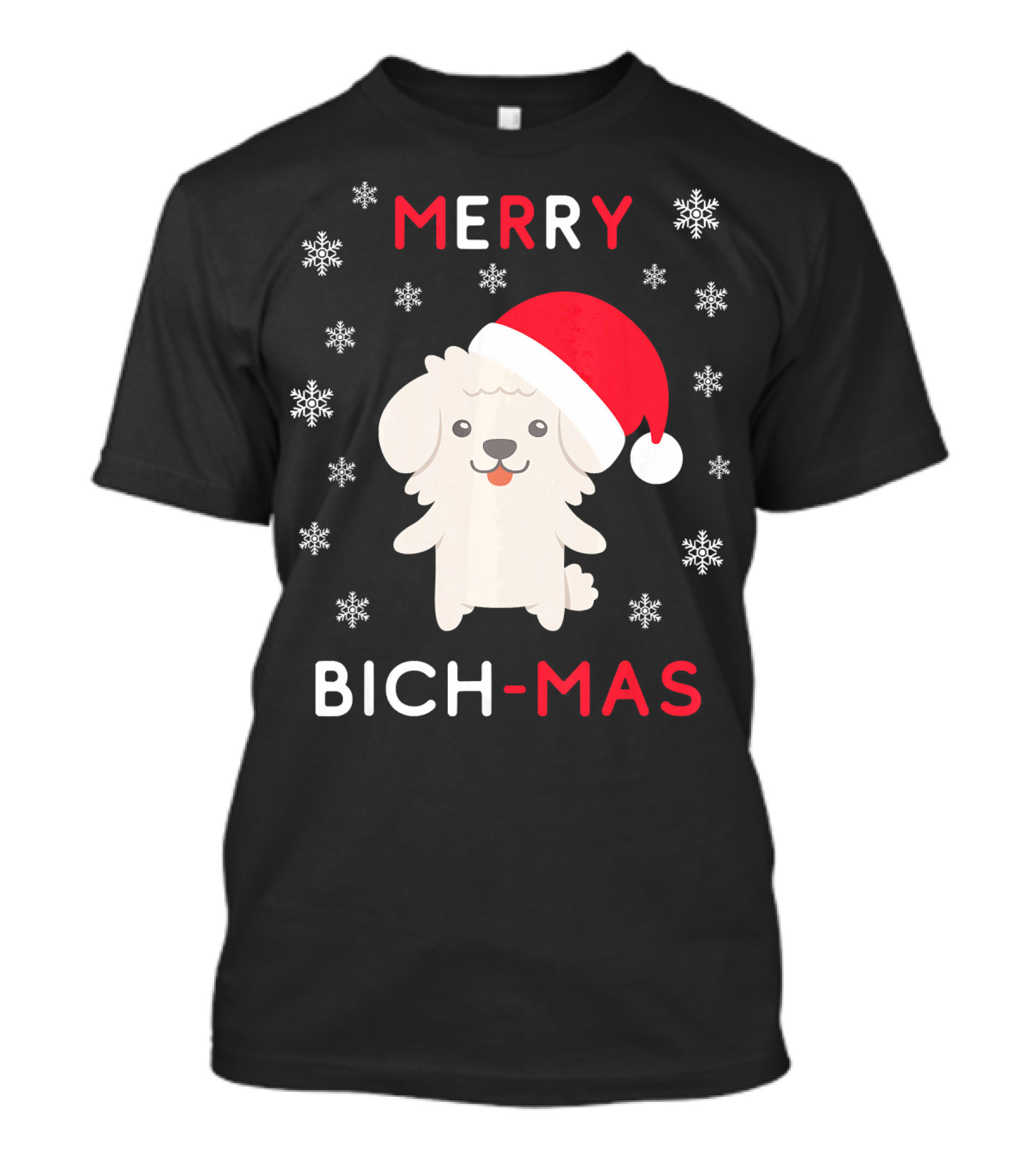 Merry Bich Mas Funny Christmas Bichon Snowflakes Santa Hat T-Shirt