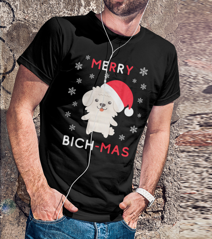 Merry Bich Mas Funny Christmas Bichon Snowflakes Santa Hat T-Shirt