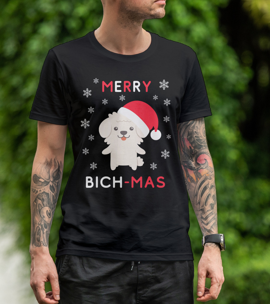 Merry Bich Mas Funny Christmas Bichon Snowflakes Santa Hat T-Shirt