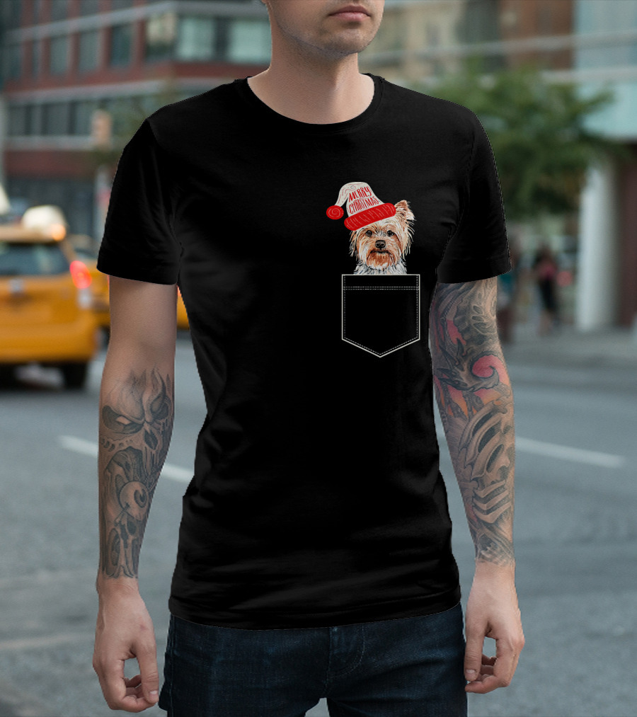Merry Christmas Yorkshire Terrier Fake Pocket Santa Hat T-Shirt