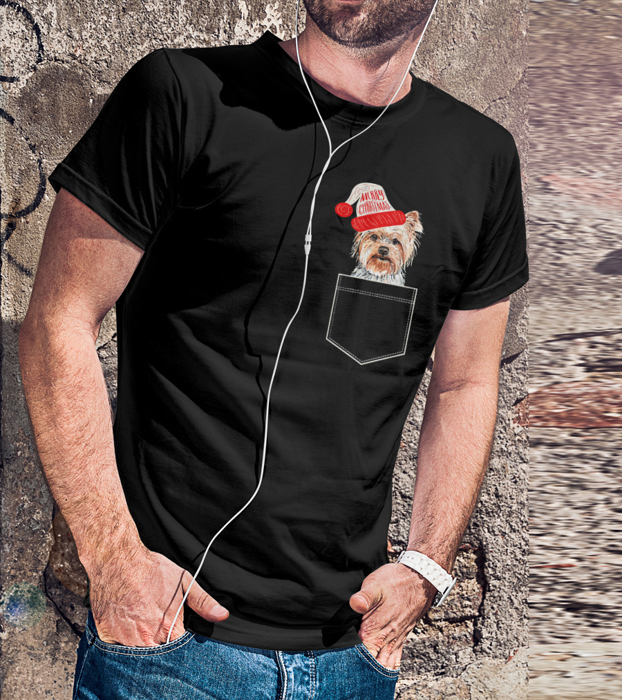 Merry Christmas Yorkshire Terrier Fake Pocket Santa Hat T-Shirt
