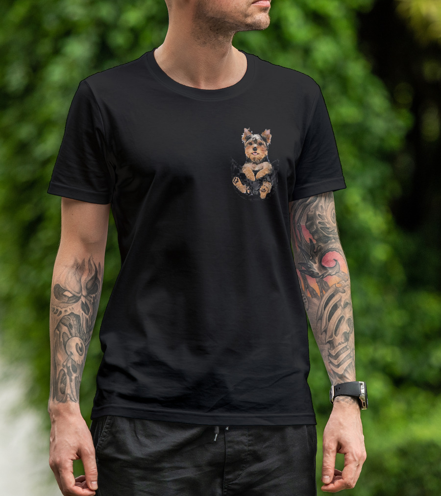 Funny Cute Dog Yorkie In Pocket T-Shirt