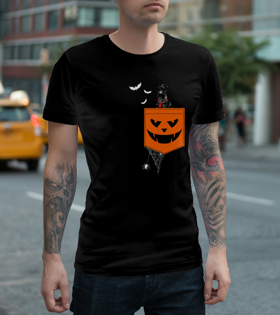 Giant Schnauzer Halloween Pocket With Bats And Spiderweb T-Shirt