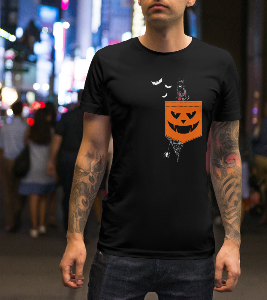 Giant Schnauzer Halloween Pocket With Bats And Spiderweb T-Shirt