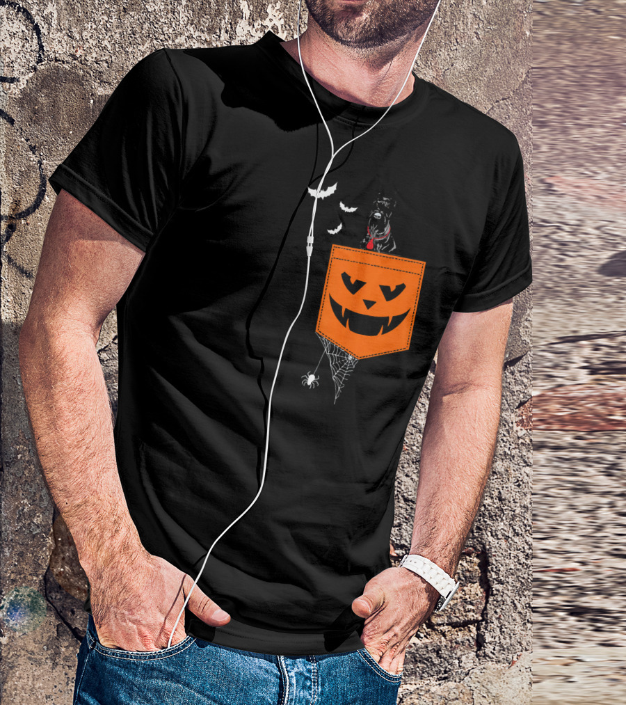 Giant Schnauzer Halloween Pocket With Bats And Spiderweb T-Shirt