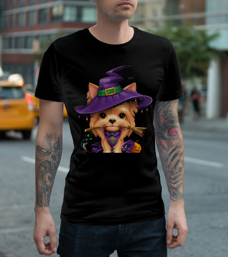 Yorkshire Terrier in Purple Witch Hat with Broom and Pumpkin T-Shirt