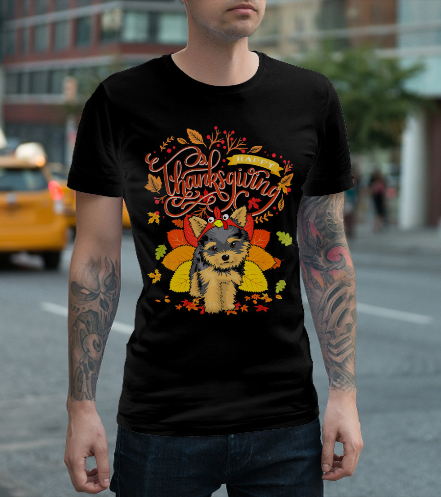 Yorkie in Turkey Hat with Happy Thanksgiving Fall Leaves T-Shirt