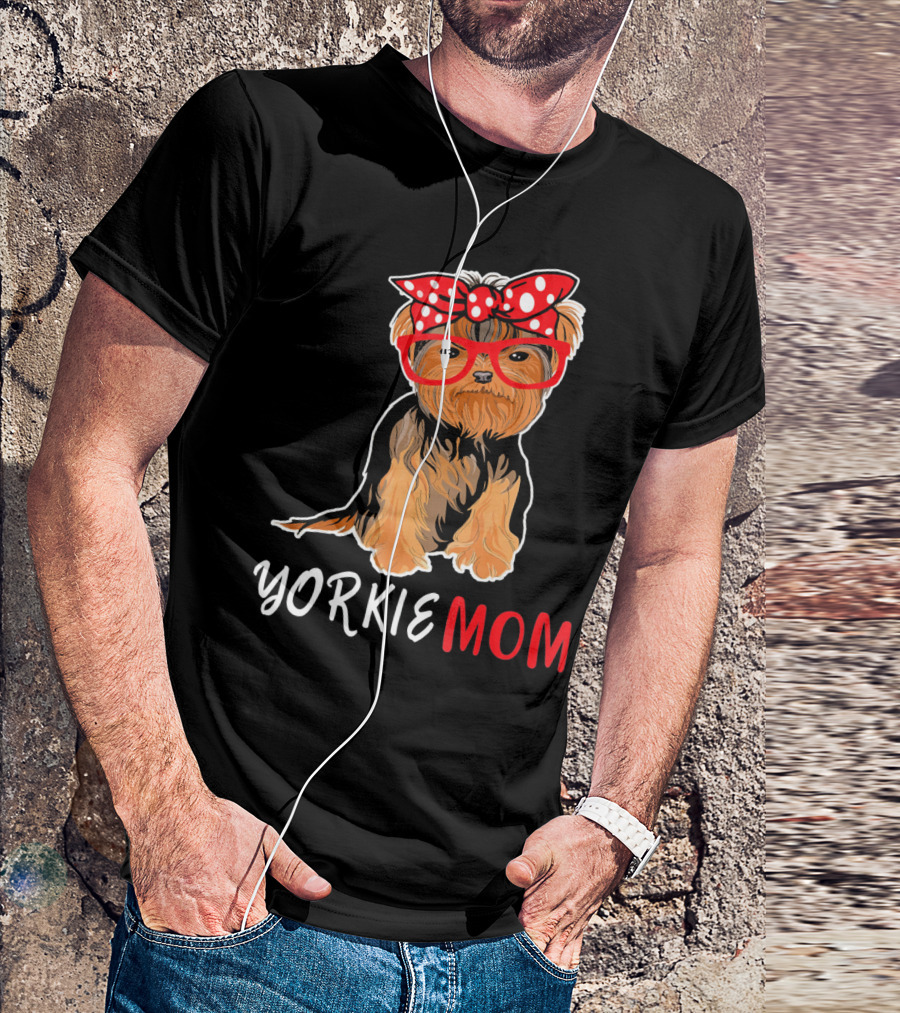 Yorkie Mom Red Glasses And Polka Dot Bow For Yorkie Lovers T-Shirt