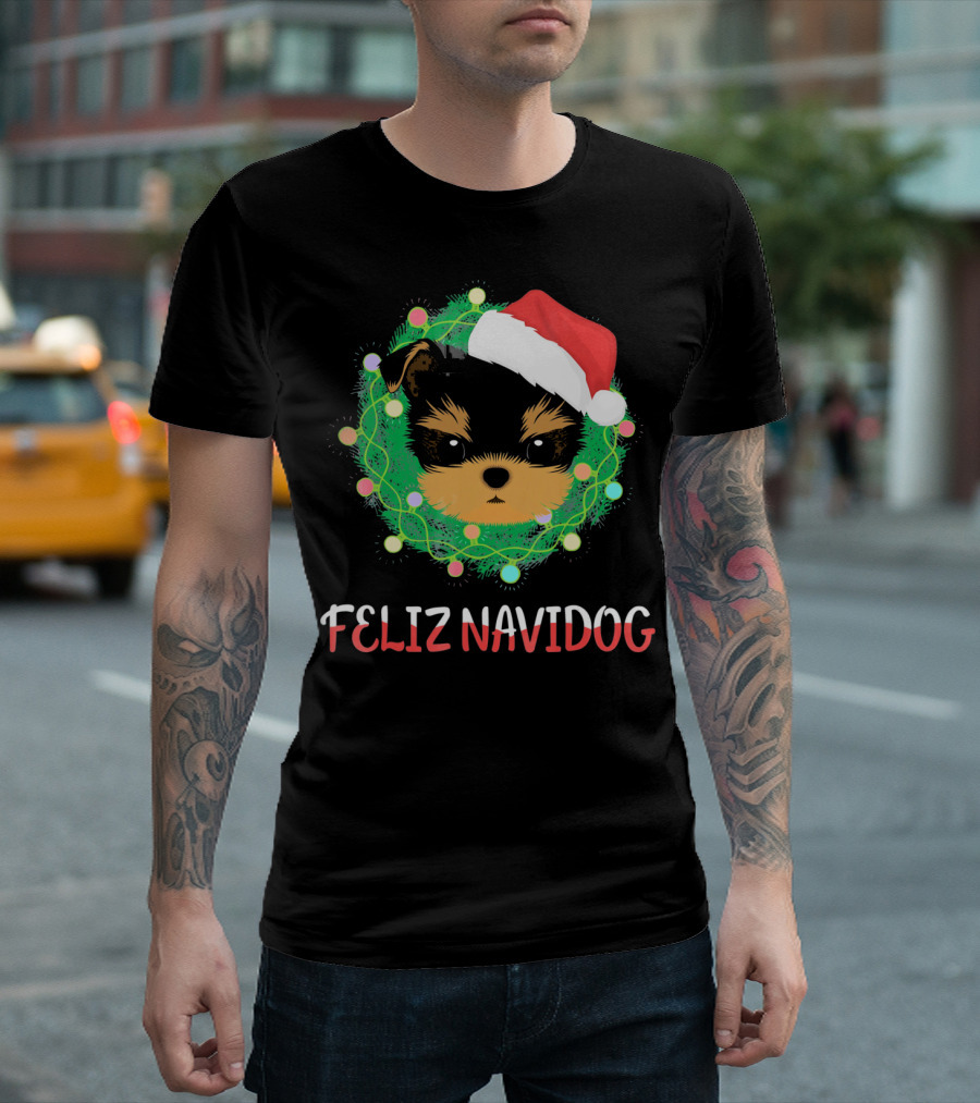 Yorkshire Terrier Feliz Navidog Santa Hat Wreath Christmas Lights T-Shirt