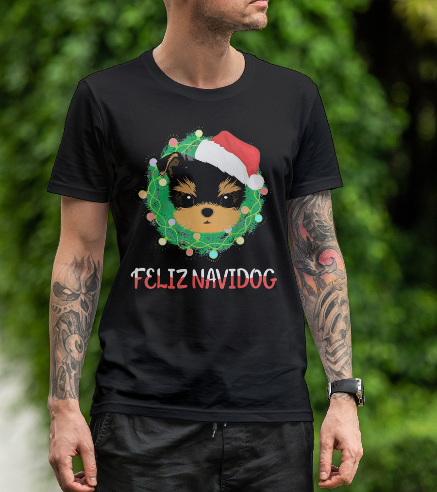Yorkshire Terrier Feliz Navidog Santa Hat Wreath Christmas Lights T-Shirt