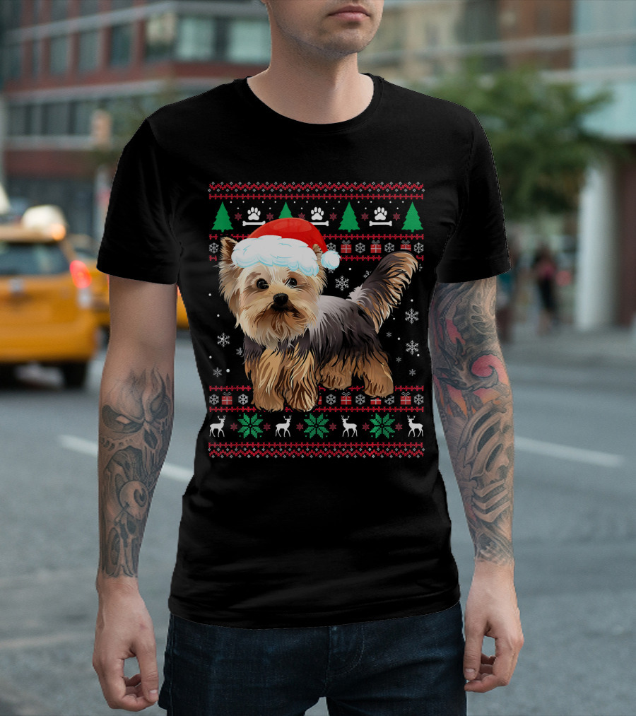 Yorkshire Terrier Dog Ugly Christmas Sweater Santa Hat Snowflakes Trees Paws T-Shirt