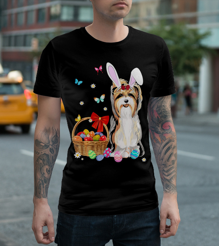 Yorkshire Terrier Bunny Ear Rabbit Easter Basket Eggs Butterflies Daisies T-Shirt