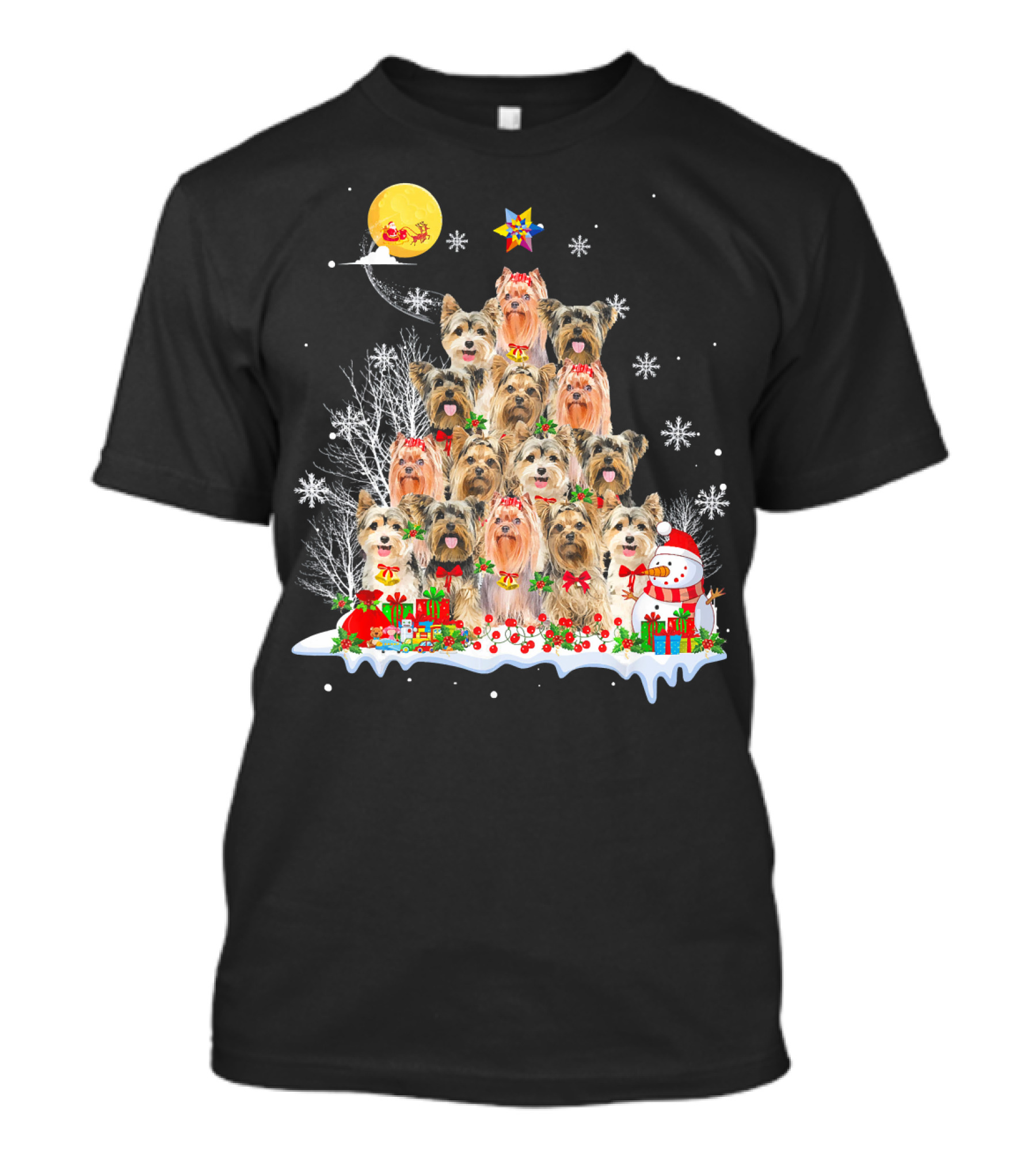 Yorkshire Terrier Dog Christmas Pyramid With Santa Moon And Snowman T-Shirt