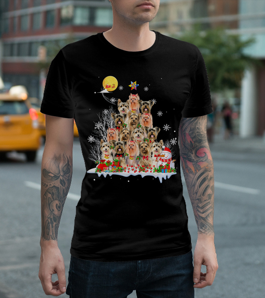 Yorkshire Terrier Dog Christmas Pyramid With Santa Moon And Snowman T-Shirt