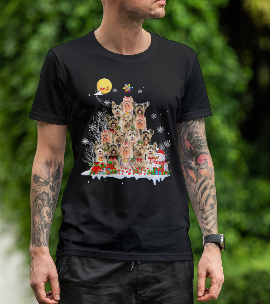 Yorkshire Terrier Dog Christmas Pyramid With Santa Moon And Snowman T-Shirt