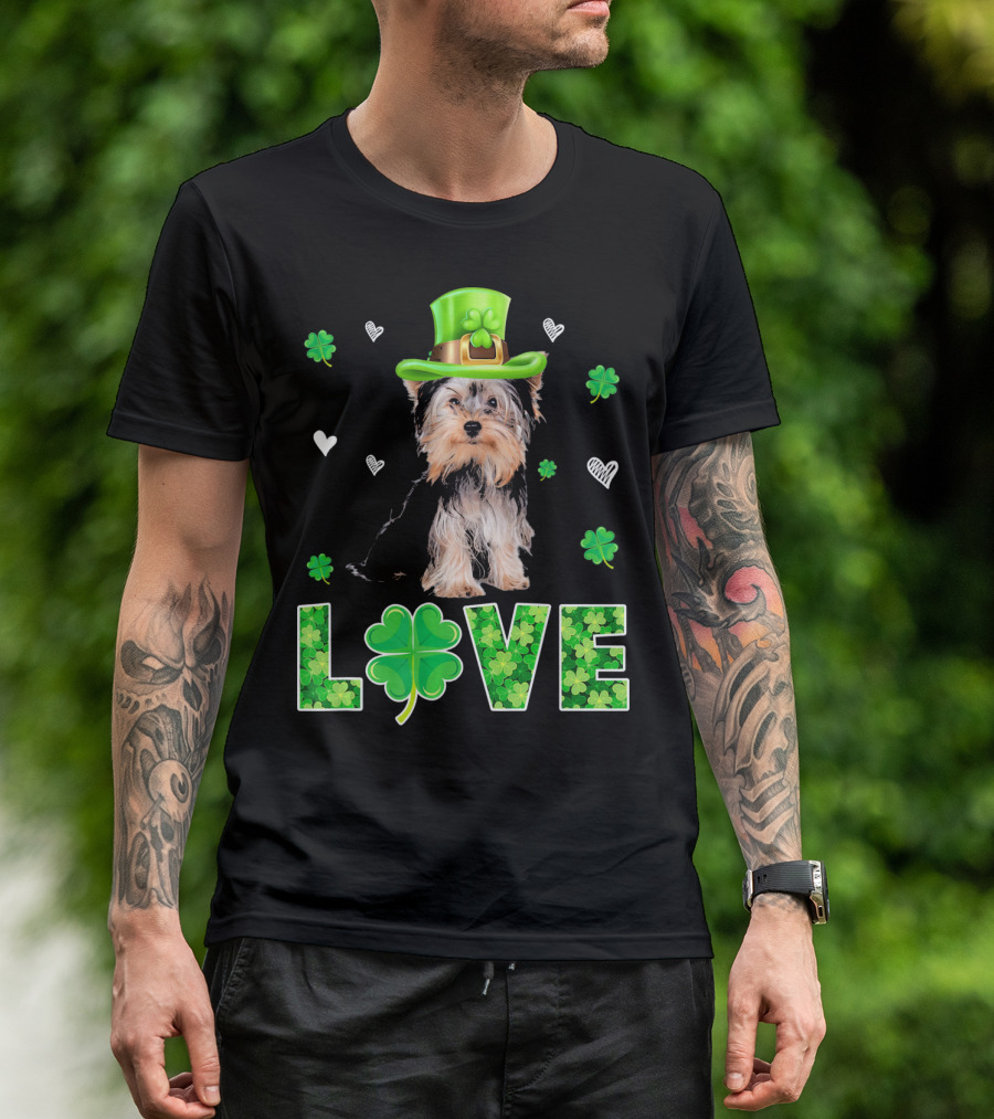 Yorkshire Terrier Love St Patricks Clover Hat Hearts T-Shirt
