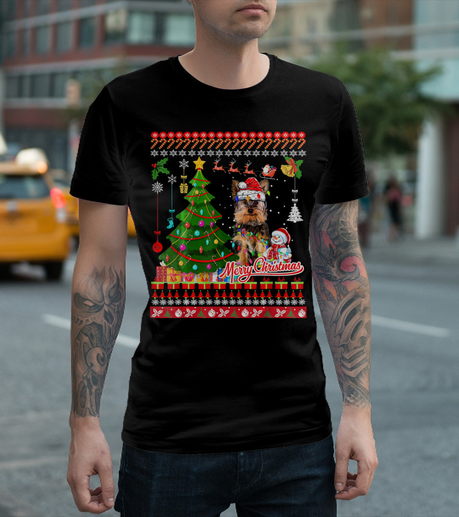 Merry Christmas Yorkshire Terrier Santa Hat Christmas Tree Snowman T-Shirt