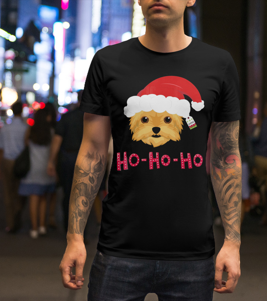 Yorkshire Terrier With Santa Hat Ho Ho Ho Xmas T-Shirt