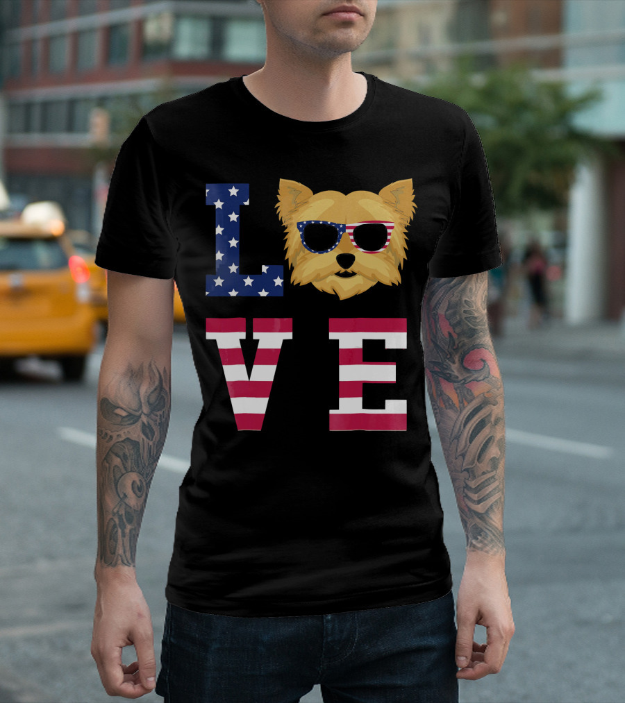 Love Yorkshire Terrier Yorkie Dog American Flag T-Shirt