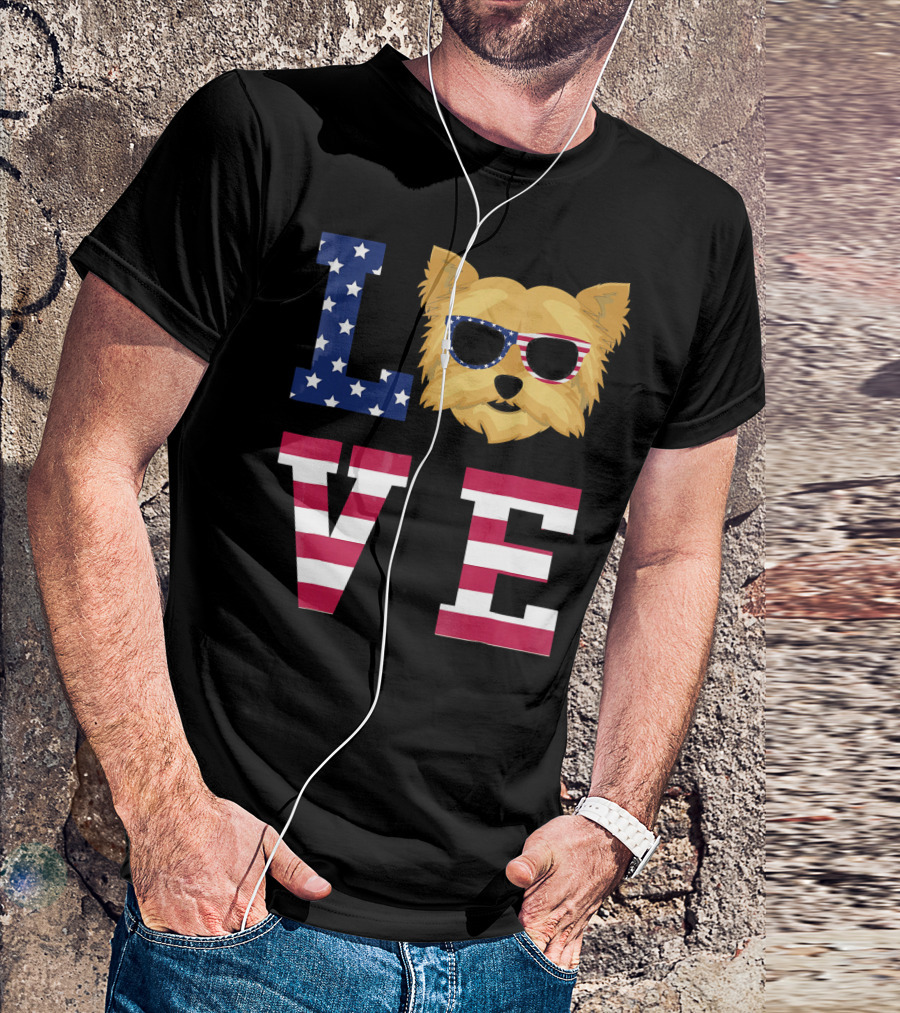 Love Yorkshire Terrier Yorkie Dog American Flag T-Shirt