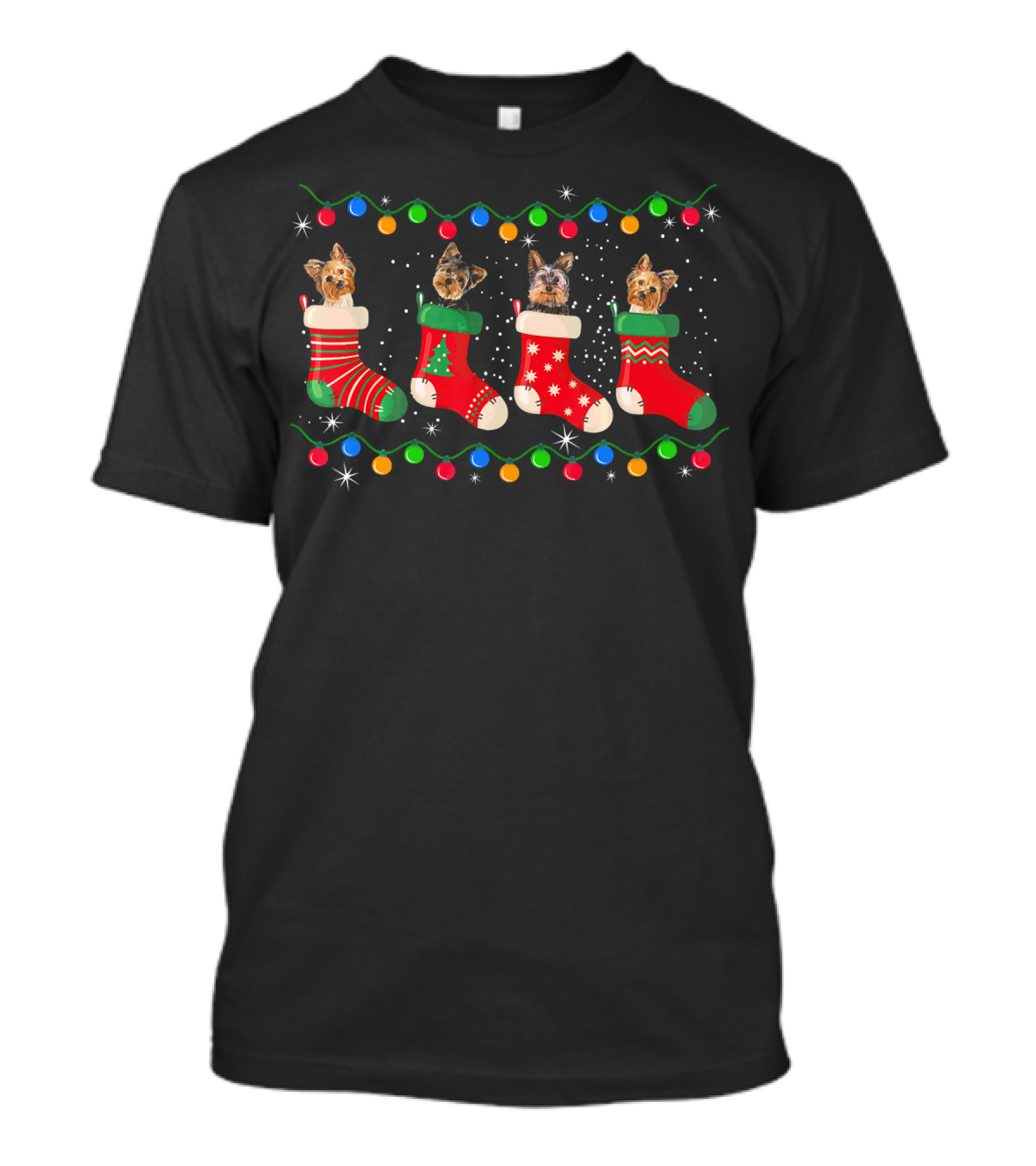 Yorkie Christmas Stockings With Festive Lights Decor T-Shirt