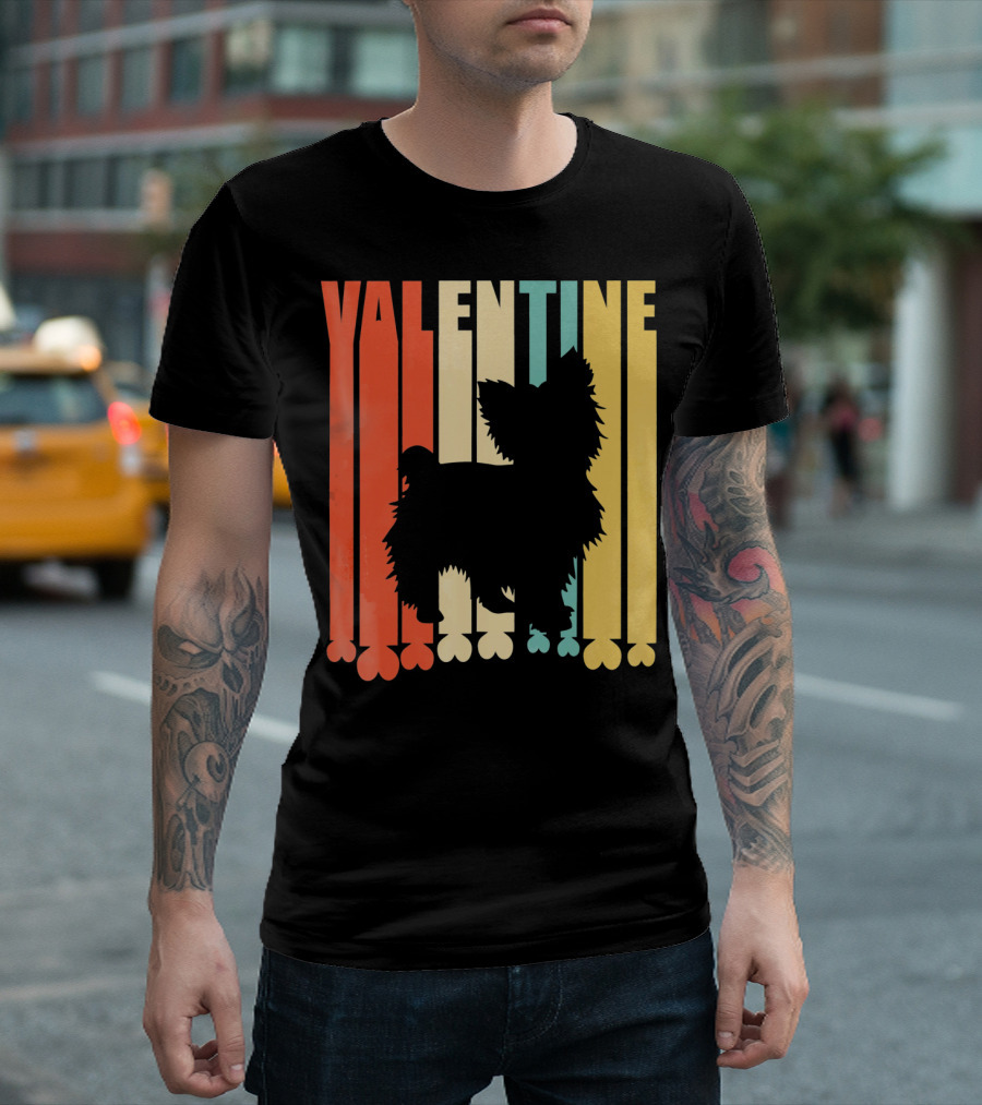 Yorkshire Dog Silhouette Retro Valentine Stripes T-Shirt