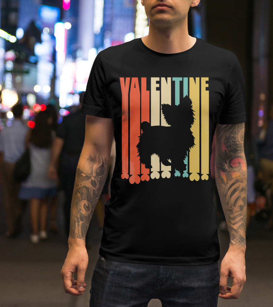 Yorkshire Dog Silhouette Retro Valentine Stripes T-Shirt