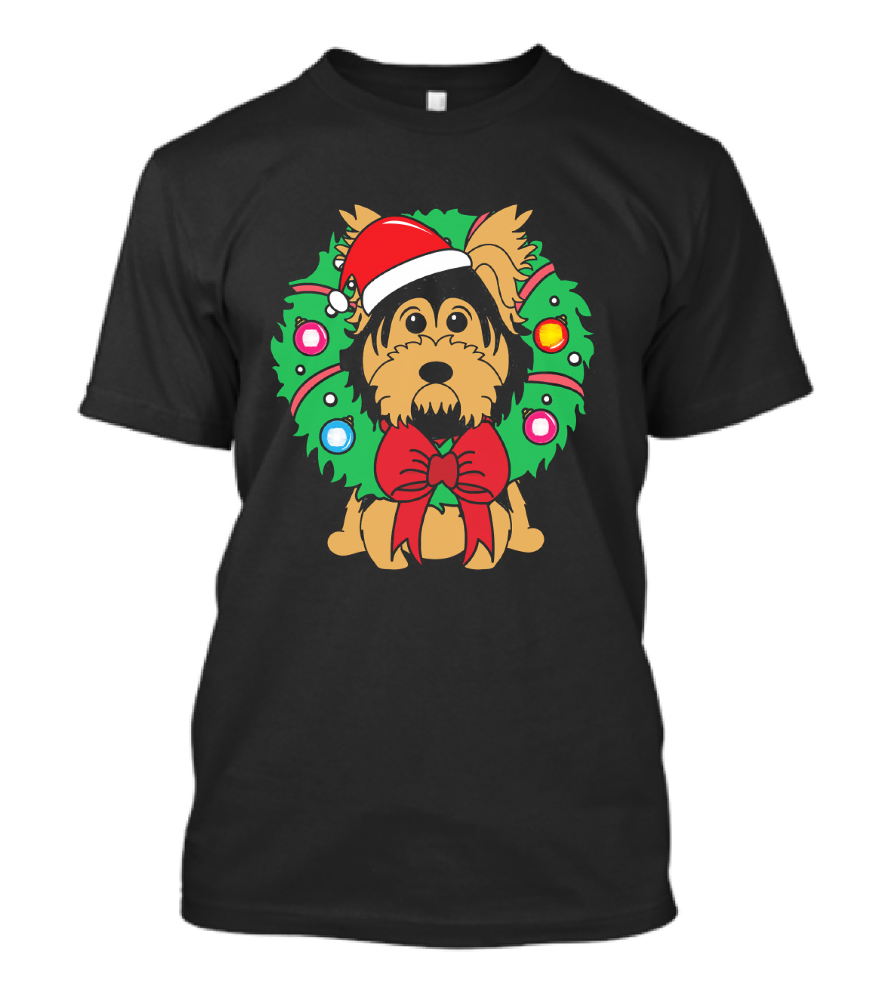 Yorkshire Terrier Christmas Wreath Santa Hat T-Shirt