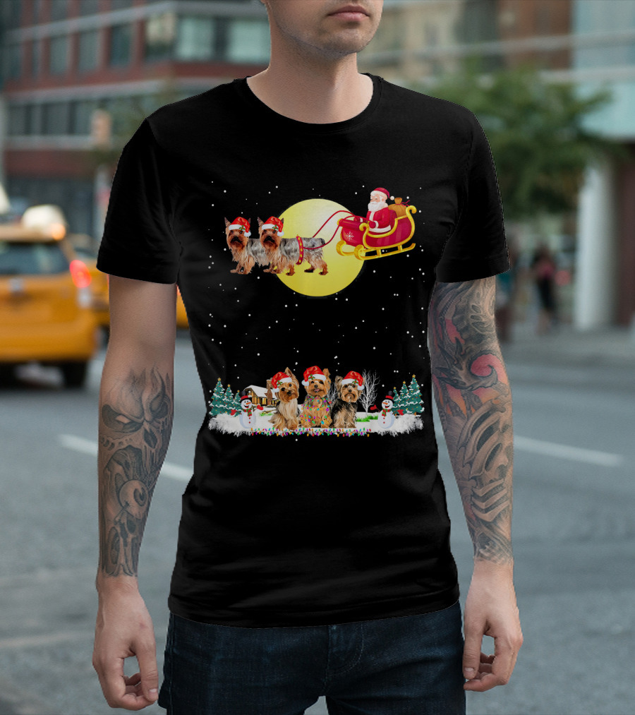 Yorkshire Terrier Santa Sleigh Christmas Scene T-Shirt