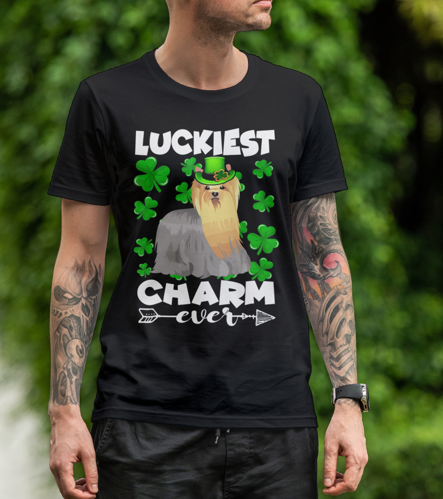Luckiest Charm Ever Yorkshire Terrier With Shamrocks T-Shirt