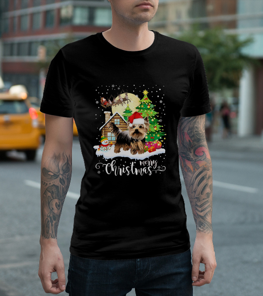 Merry Christmas Yorkshire Terrier with Santa Hat and Festive Snowy Cabin Scene T-Shirt