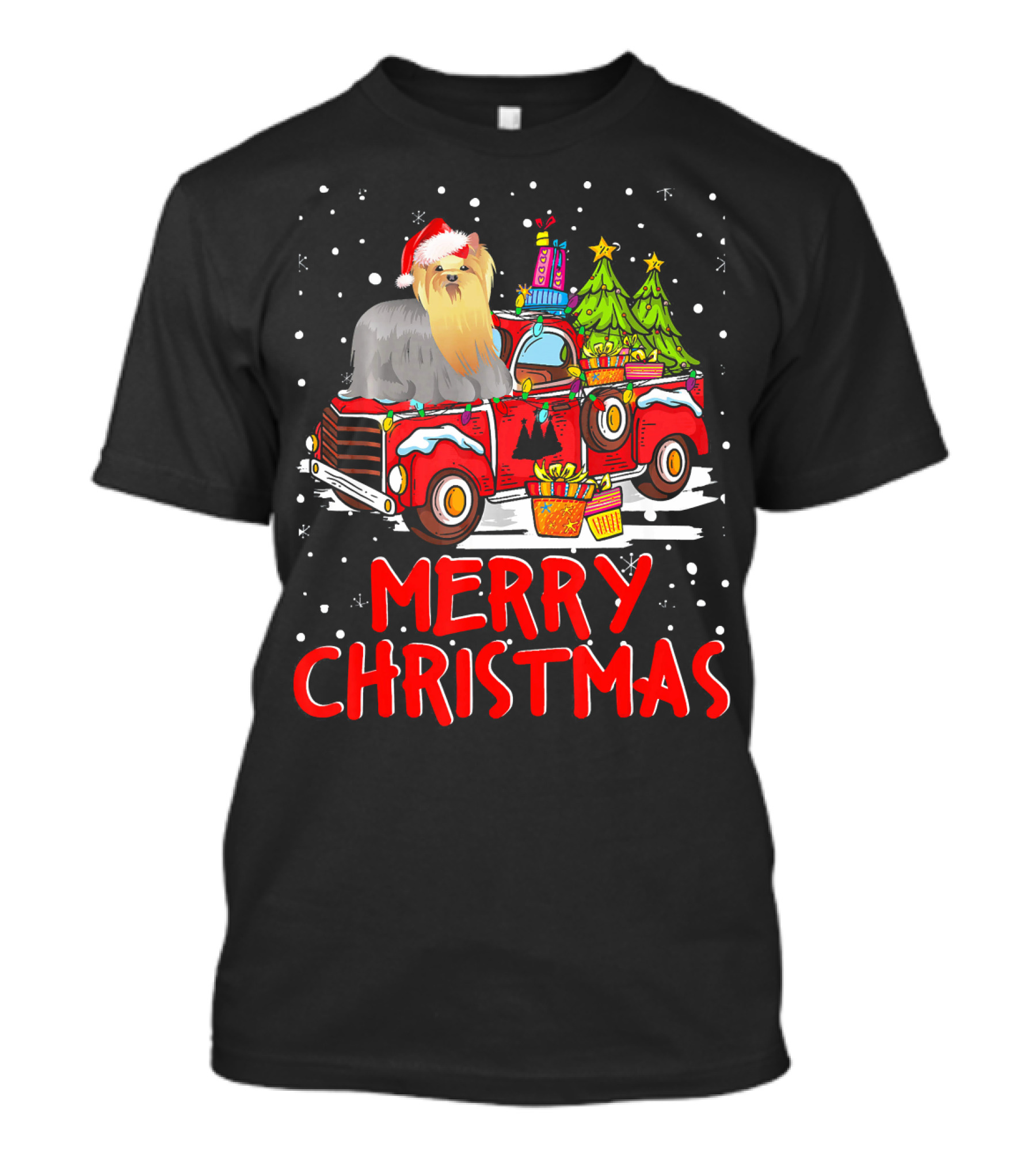 Yorkshire Terrier Rides Red Truck Merry Christmas T-Shirt