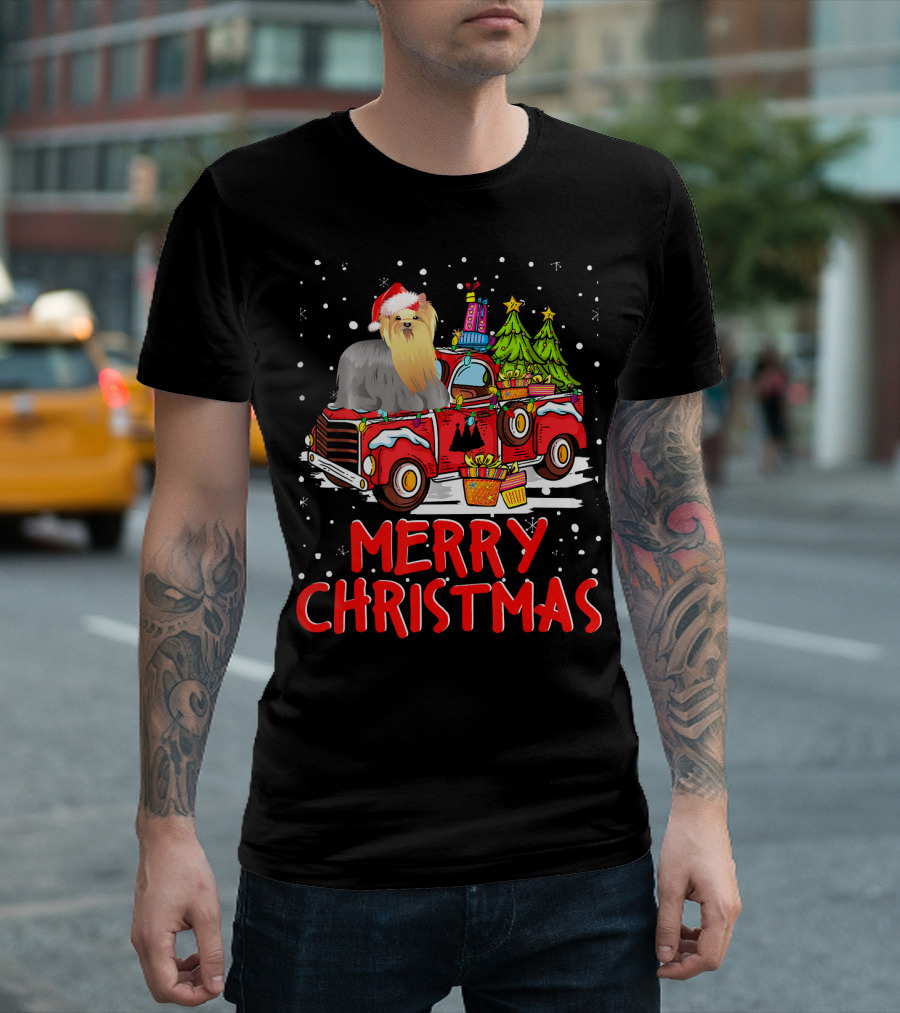 Yorkshire Terrier Rides Red Truck Merry Christmas T-Shirt