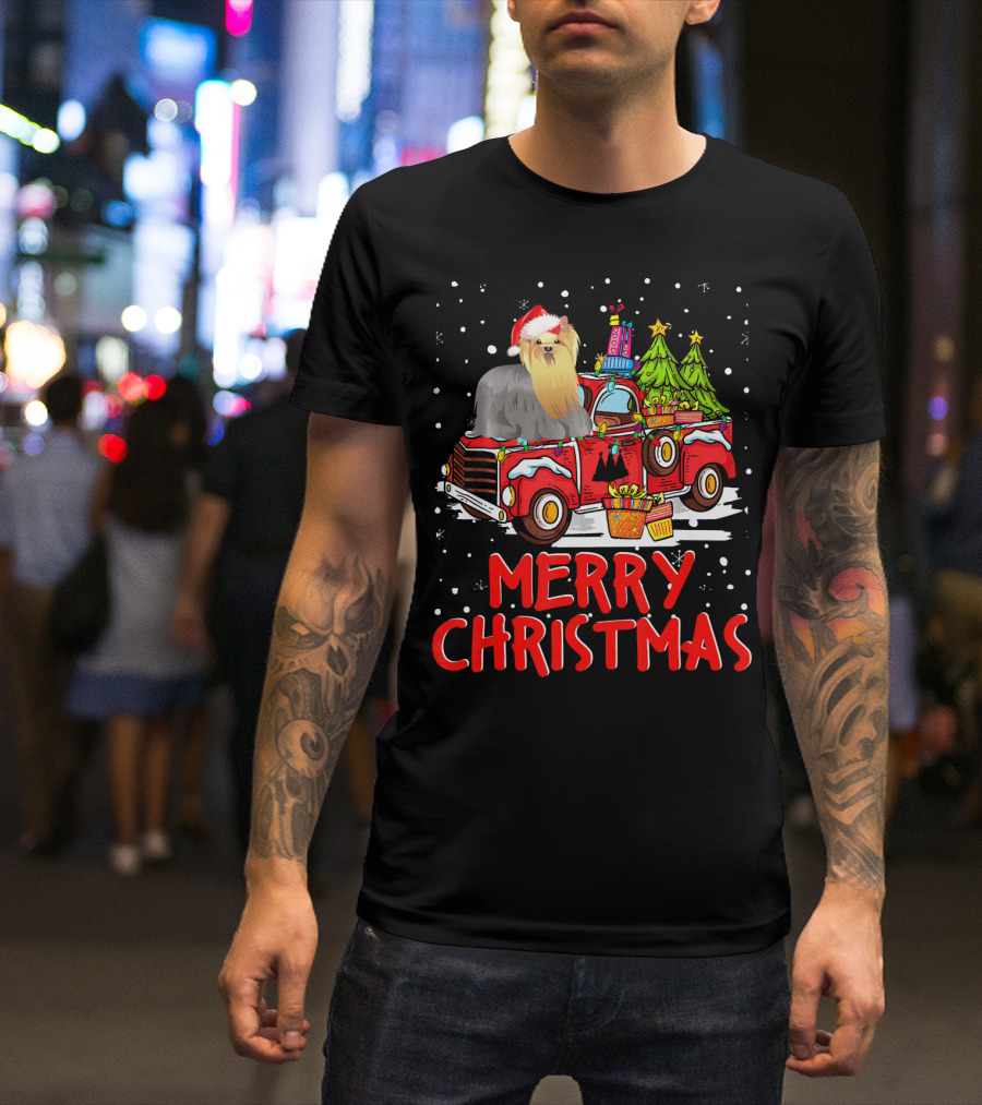 Yorkshire Terrier Rides Red Truck Merry Christmas T-Shirt