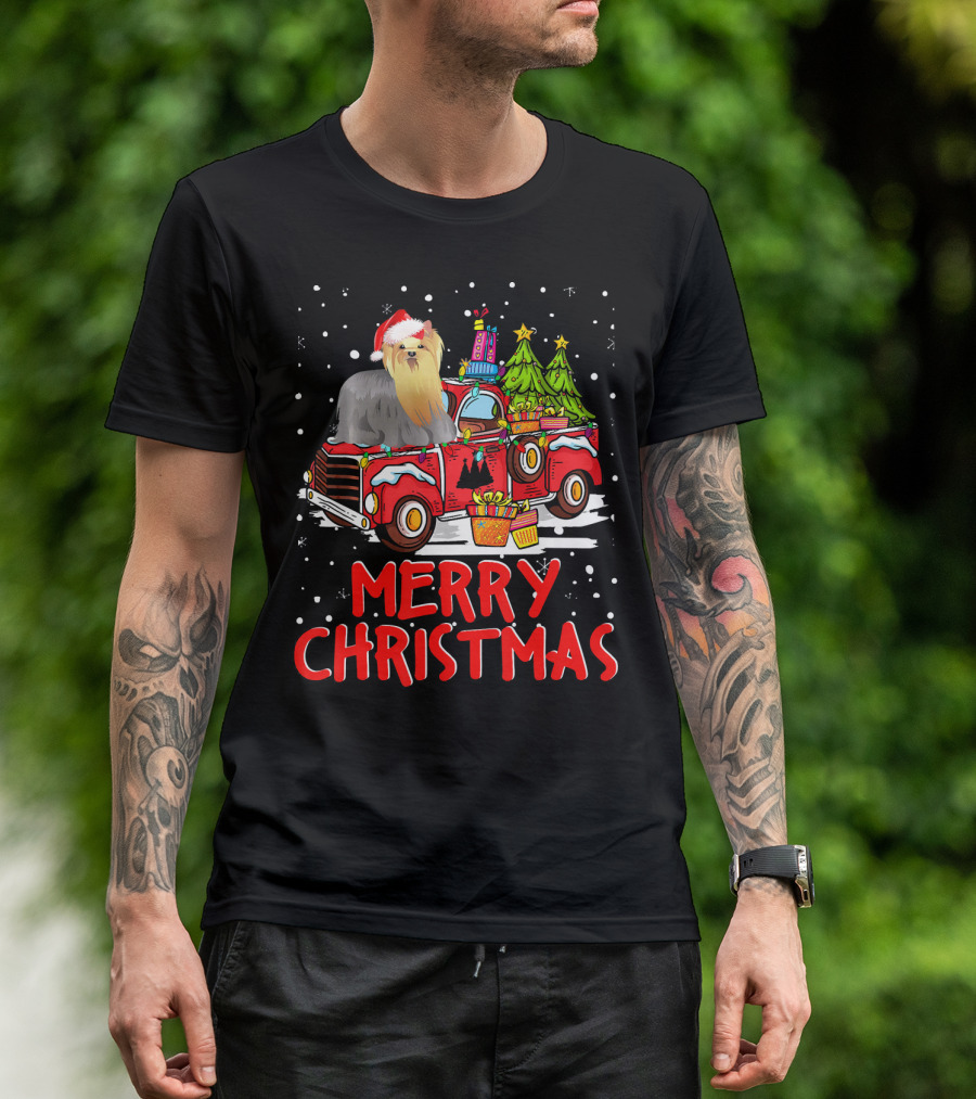 Yorkshire Terrier Rides Red Truck Merry Christmas T-Shirt
