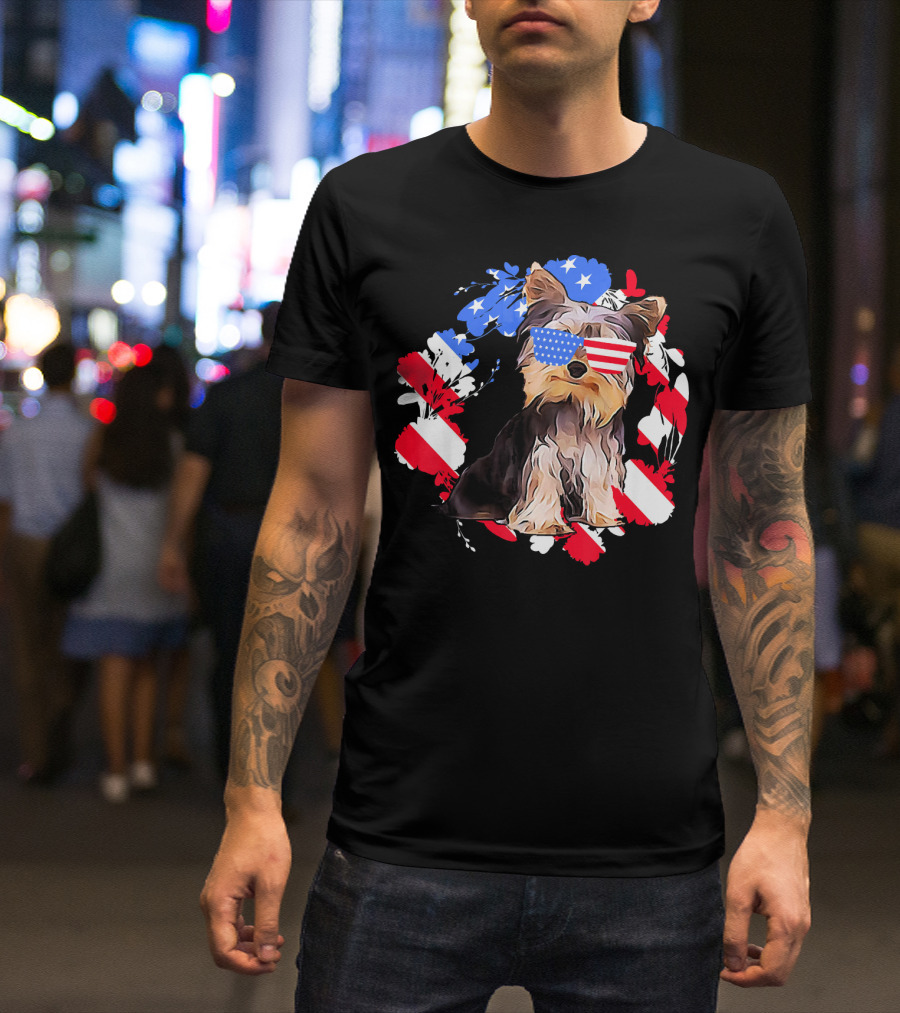 Cute Patriotic Yorkie Owner With American Flag Glasses T-Shirt