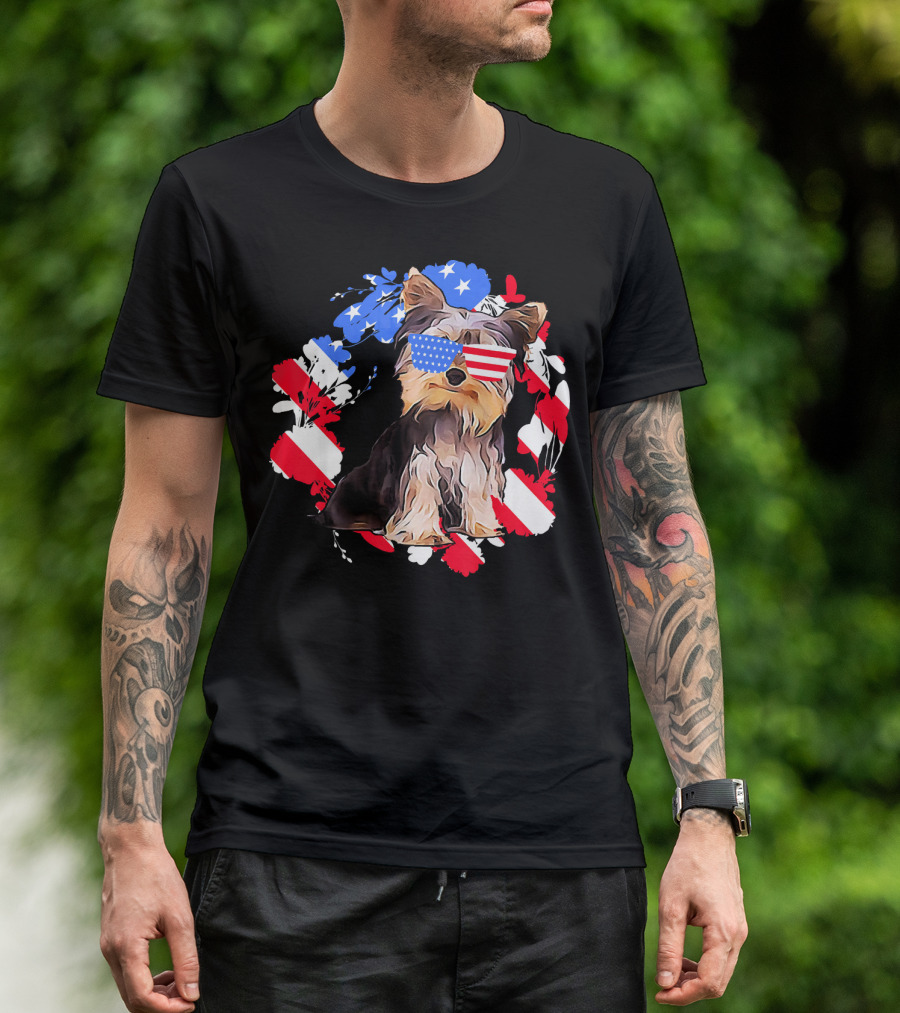 Cute Patriotic Yorkie Owner With American Flag Glasses T-Shirt