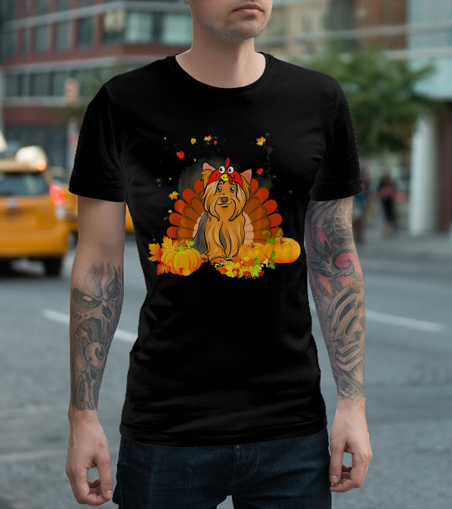Yorkshire Terrier Turkey Funny Dog with Pumpkins and Autumn Leaves T-Shirt