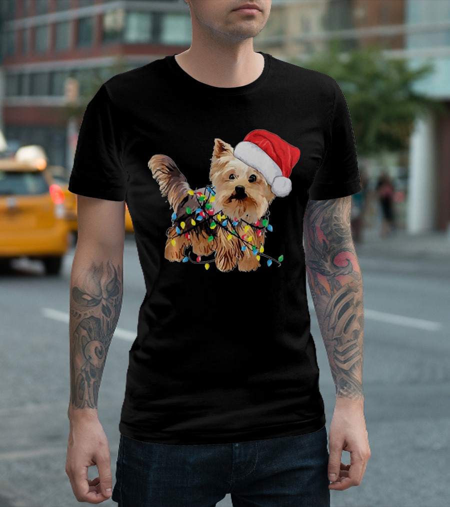 Yorkie Christmas Santa Hat with Holiday Lights T-Shirt