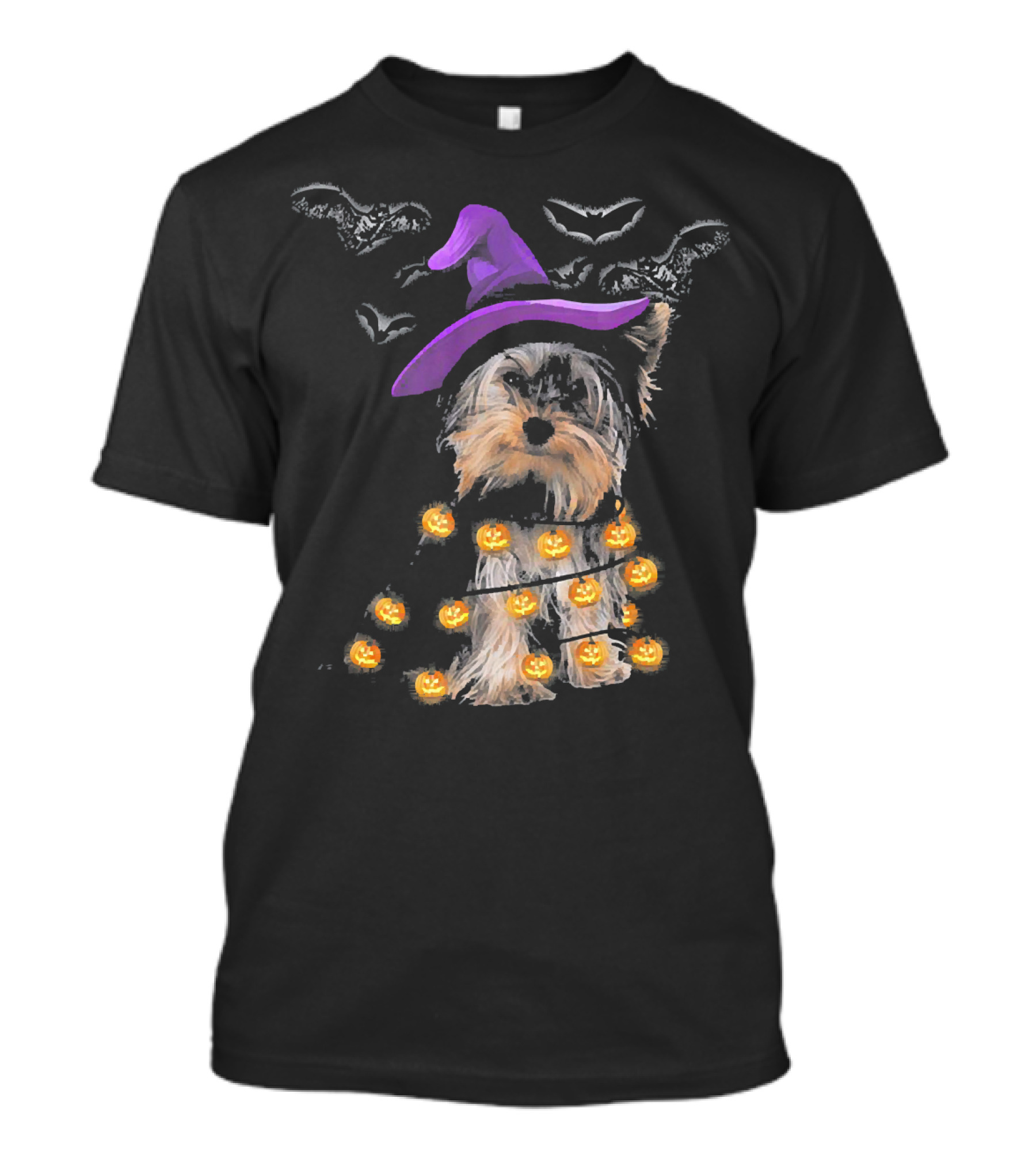 Yorkie Pumpkin Lights And Purple Witch Hat With Bats T-Shirt