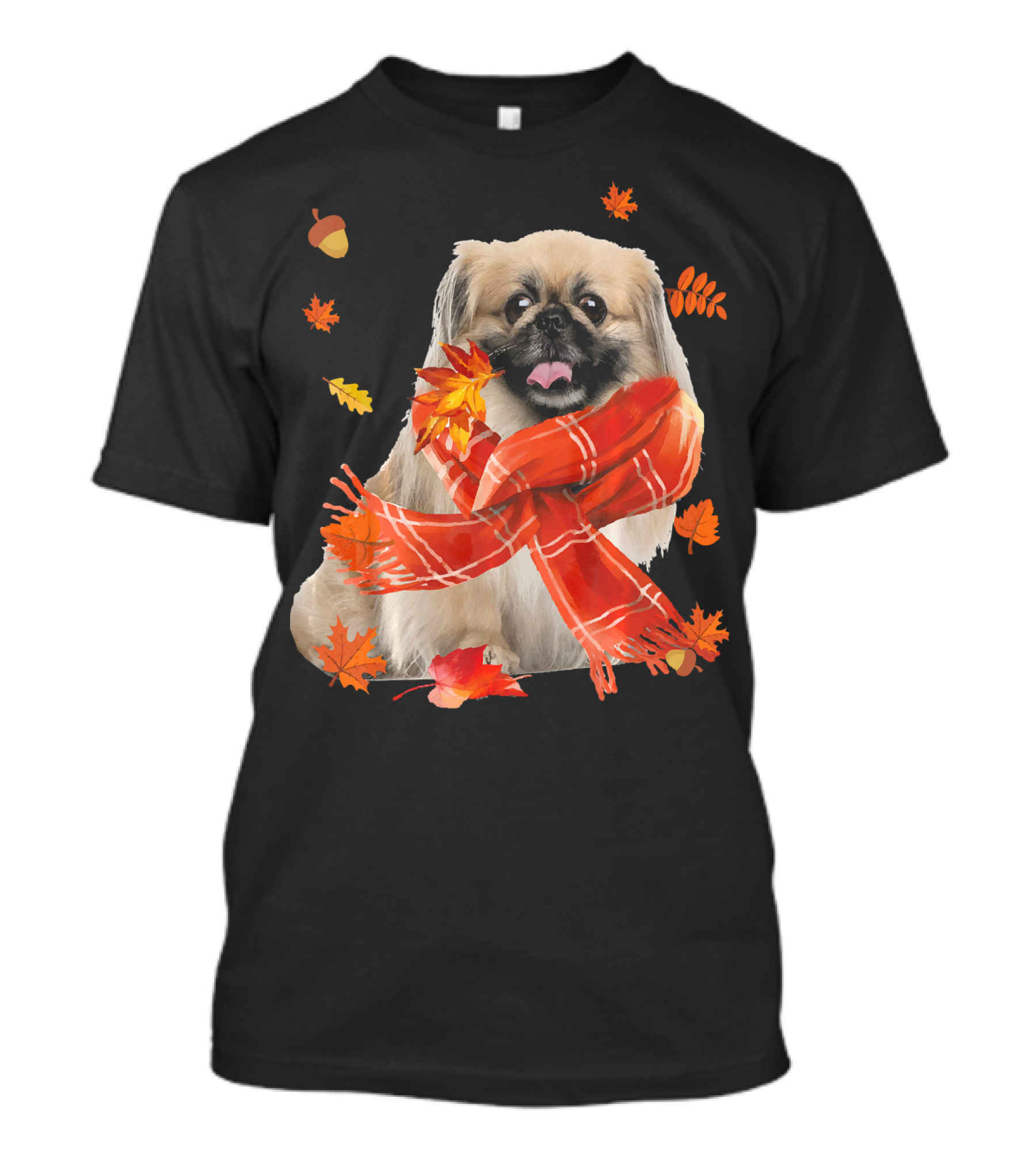 Cute Pekingese Dog With Autumn Leaves And Red Scarf T-Shirt