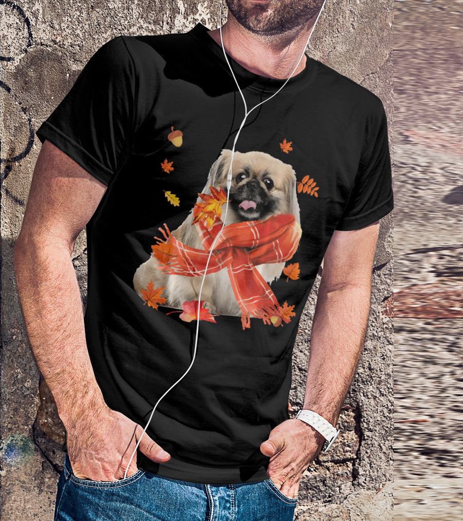 Cute Pekingese Dog With Autumn Leaves And Red Scarf T-Shirt