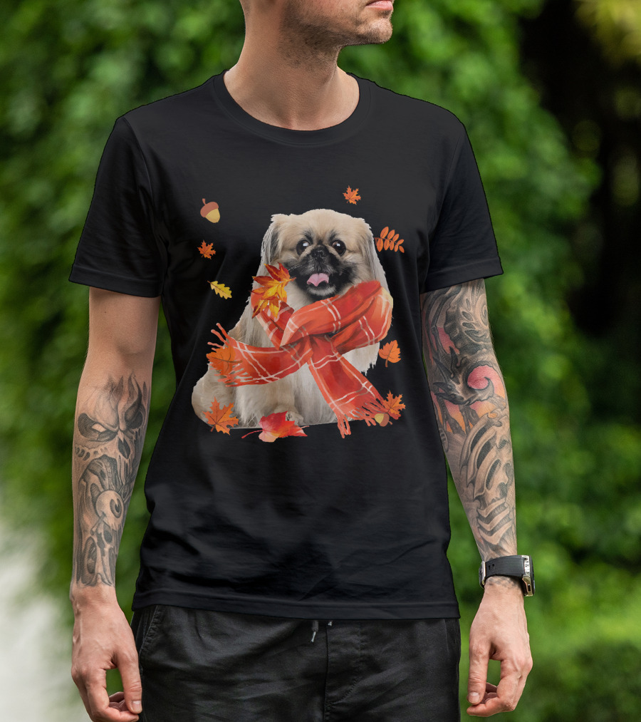 Cute Pekingese Dog With Autumn Leaves And Red Scarf T-Shirt