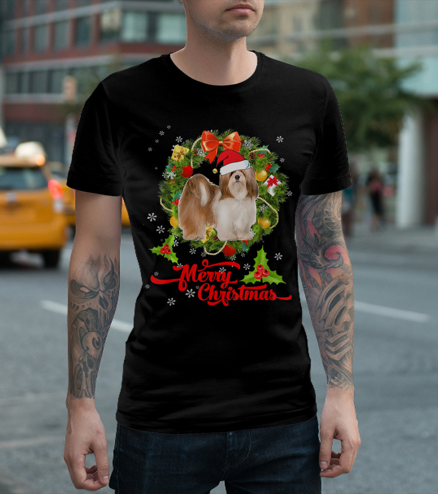 Merry Christmas Lhasa Apso Dog with Santa Hat and Festive Wreath T-Shirt